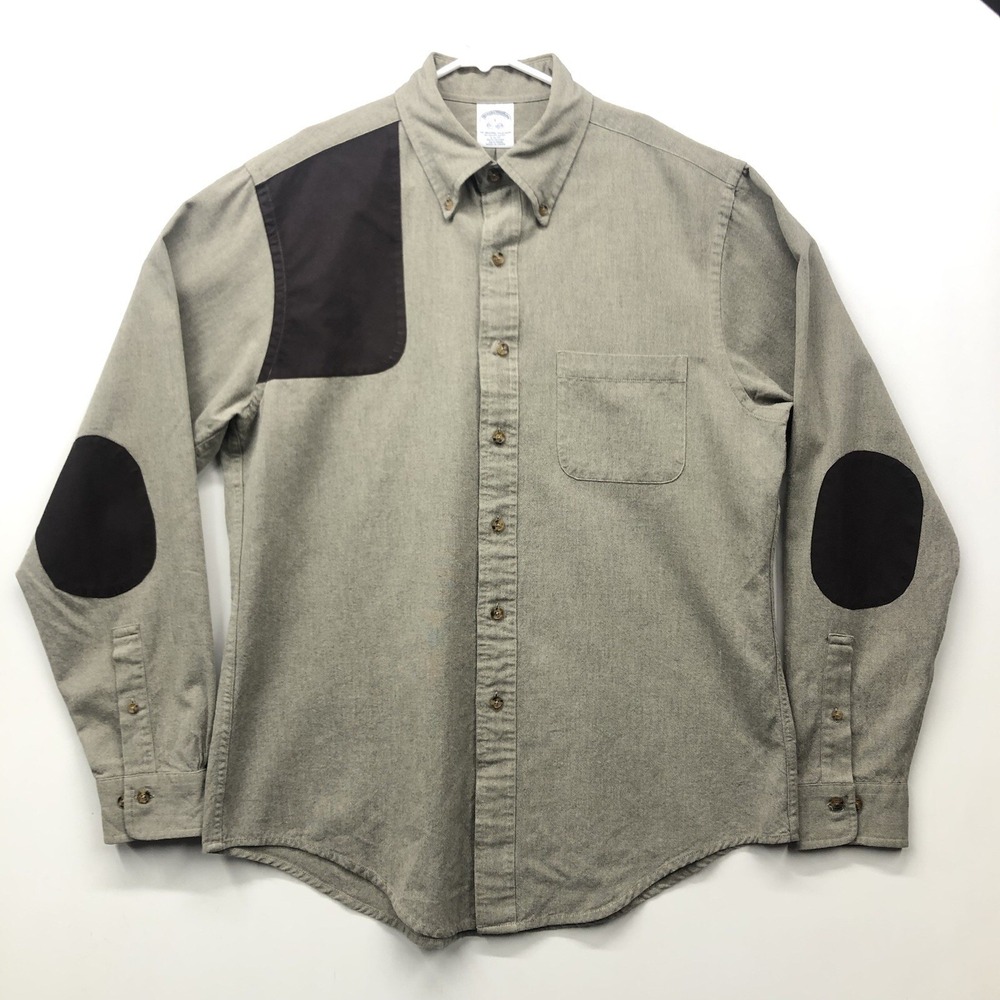 Brooks Brothers Mens L Wool Blend Flannel Button Down Shooting Hunting Elbow Pad